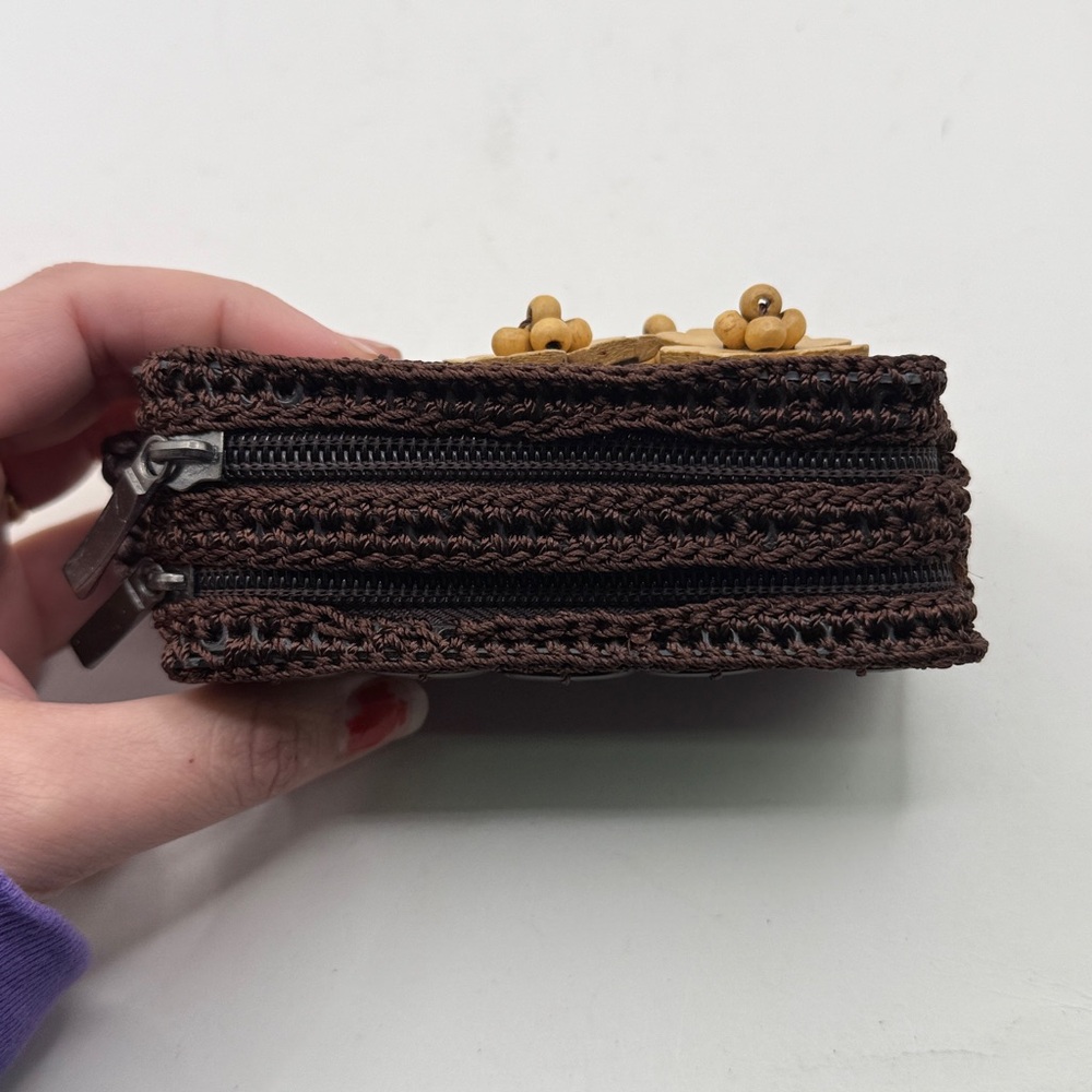 Vintage Coconut Shell Piece Wallet Zip Around Coin Purse Wristlet Brown Floral - Picture 7 of 12